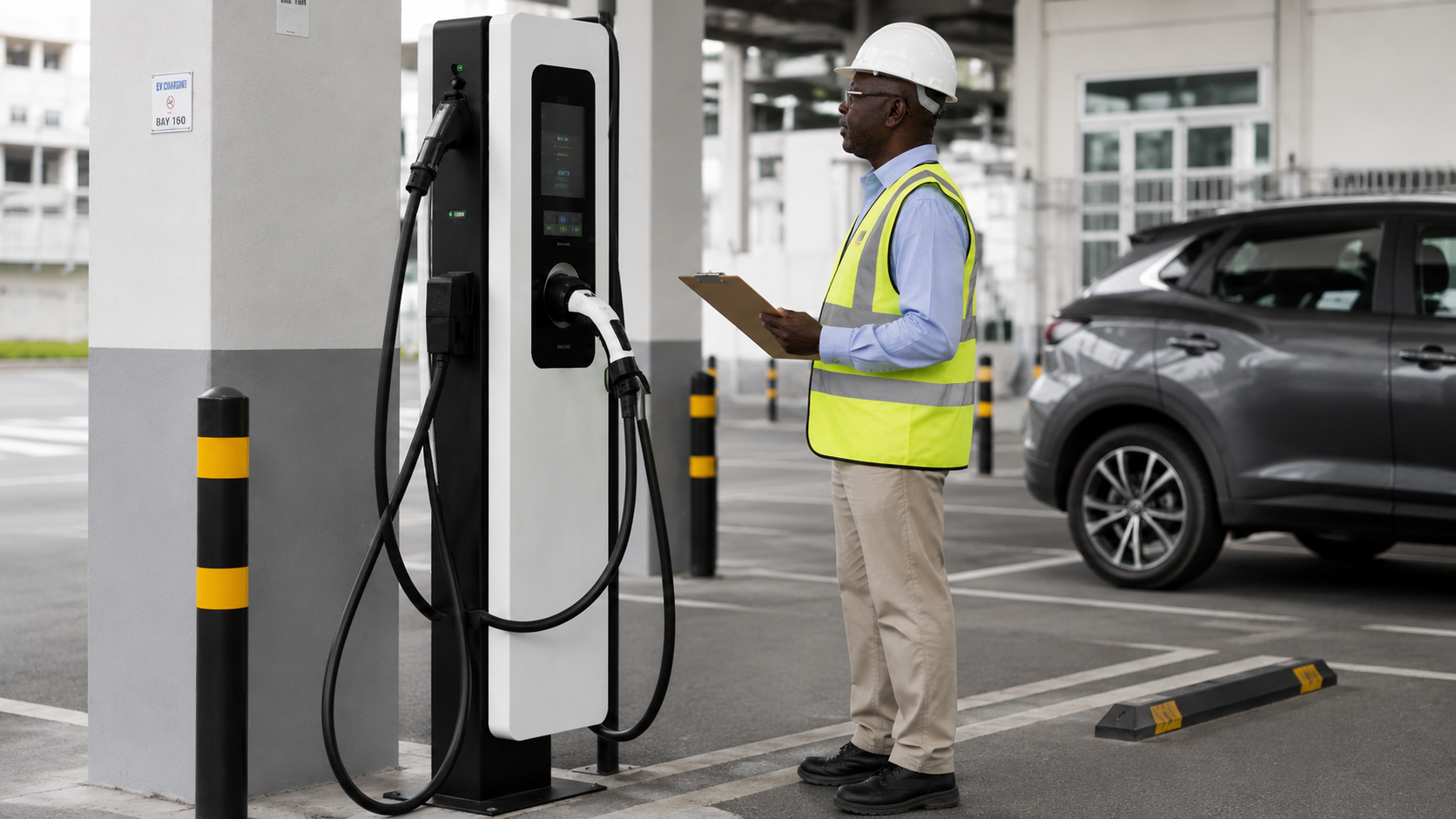 Engenheiro analisando projeto de instalação de carregador para veículo elétrico